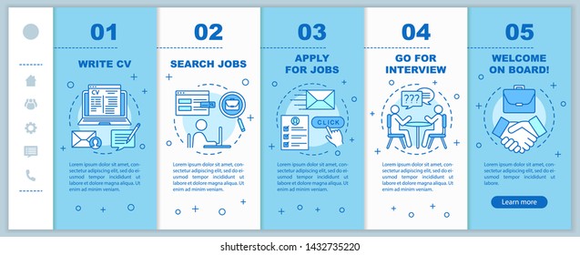 Job searching onboarding mobile web pages vector template. Work instructions. Write CV, apply job, interview, getting work. Responsive smartphone website interface. Webpage walkthrough step screens