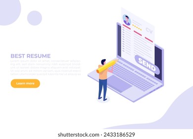 Job searching. Send online cv or upload resume, apply for jobs. Employee recruitment data paper. Isometric Vector illustration for banner, website, landing page, flyer.
