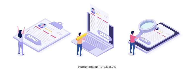 Job searching. Send online cv or upload resume, apply for jobs. Employee recruitment data paper. Isometric Vector illustrations set for banner, website, landing page, flyer.
