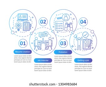 Job Searching Vector Infographic Template. Resume Creation, Job Interview, Probation. Data Visualization With Four Steps And Options. Process Timeline Chart. Workflow Layout With Icons