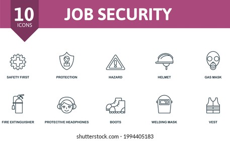 Juego de iconos Seguridad de trabajo. Contiene iconos editables que funcionan como tema de seguridad, como seguridad primero, peligro, máscara de gas y más.