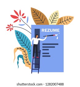Job seeker, applicant, man filling out his big resume, completing curriculum vitae providing information to apply for a position, standing on top of the ladder, surrounded by colorful floral greenery,