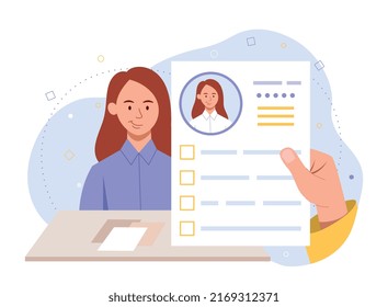 Job seeker concept. Girl came to office, candidate for vacancy showed resume. Young specialist at interview. HR department and search for employees, staff expansion. Cartoon flat vector illustration