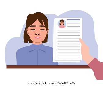 Job seeker concept. Girl came to office, candidate for vacancy showed resume. Young specialist at interview. HR department and search for employees, staff expansion. Cartoon flat vector illustration.