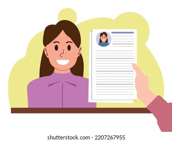  Job Seeker Concept. Girl Came To Office, Candidate For Vacancy Showed Resume. Young Specialist At Interview. HR Department And Search For Employees, Staff Expansion. Cartoon Flat Vector Illustration.