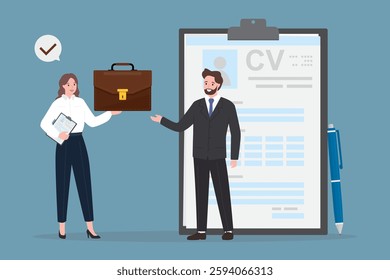 Job seeker with excellent cv or resume. Employer or hr agent offers job to businessman after interview. Woman boss give business case. Concept of recruitment and interview process. vector illustration