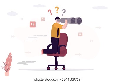 Job seeker looking new vacancy. Career future, new job opportunity or visionary to success in work, businessman riding office chair using binoculars to see future and way forward. Funny visionary. 