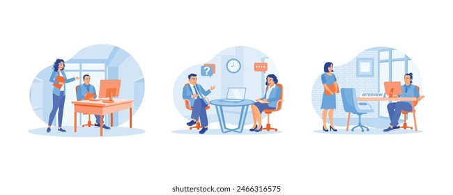 Job seeker meets the manager. Discuss work assignments. job interview with an HR leader. Job interview concept. Set flat vector illustration.