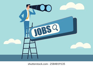 Job seeker on a ladder, binoculars in hand, searching for opportunities.  Modern illustration of the job hunt, career search, and ambition.  'JOBSQ' sign emphasizes the quest for the right job.