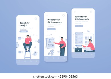 Job seeker, job recruitment process illustration on onboard mobile screen template