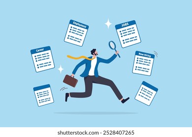 Job seeker, searching for new job, finding new work opportunity, discover vacancy, employment or human resource recruitment, hiring interview concept, businessman with magnifying glass finding job.