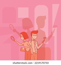 job seeker vector illustration. suitable for social media feed. men and women looking for job illustration on abstract pink background