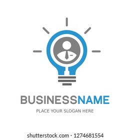 Job seeker vector logo template. Search people with magnifying glass. and bulb lamp This logo is suitable for company, worker, director, business. 