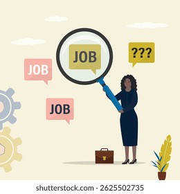 Job seeker woman holds magnifying glass. Businesswoman applicant or office worker looking for job. Problem of unemployment, recruitment. Unhappy female character. flat vector illustration