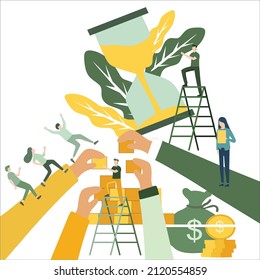 job seeker woman opposite with 3 people chasing each other,stacking blocks, time management concept,time value of money, hourglass counting. Flat Design Illustrations for website with white background