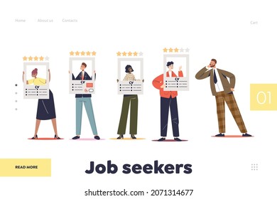 Job seekers concept of landing page with recruiter man choosing applicant for job position from group of employees holding cv resumes waiting for interview. Flat vector illustration