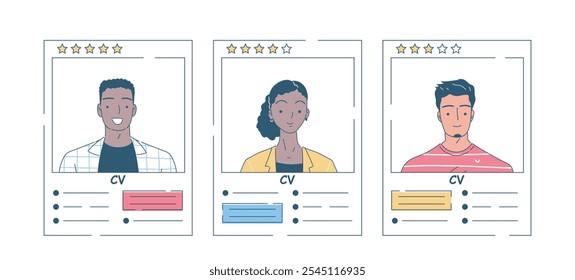 Candidatos a emprego com CV. Currículos de homens e mulheres. Caça à cabeça e recrutamento. Documentos dos trabalhadores das empresas, curriculum vitae. Ilustração de vetor linear isolada no plano de fundo branco