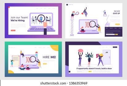 Job Seekers Searching Work Website Landing Page Templates Set. People Hiring Vocation in Internet, Waiting Audience Interview, Working Opportunity. Web Page. ,Cartoon Flat Vector Illustration, Banner