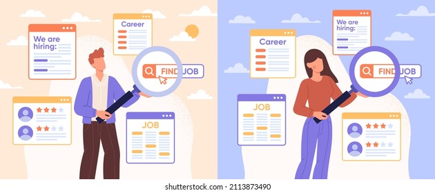 Job seeking concept. Young man and woman with magnifying glasses looking for new job or career growth opportunities. Employees send resumes and search for vacancies. Cartoon flat isolated vector set