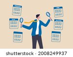Job seeking, search for new career and opportunity, looking for employment and job vacancy concept, smart businessman using magnifying glass in both hands searching for new hiring career.