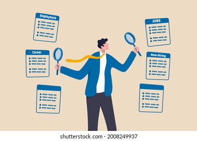 Job seeking, search for new career and opportunity, looking for employment and job vacancy concept, smart businessman using magnifying glass in both hands searching for new hiring career.