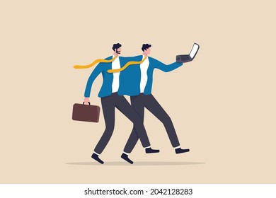 Job sharing in flexible work, 2 or more employees share work responsibility in same position for best result concept, two businessman together working with same computer metaphor of job sharing.