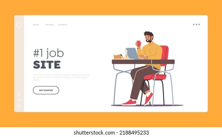 Job Site Landing Page Template. Remote Freelance Work Concept. Man Freelancer Sitting in Comfortable Armchair Working Distant on Laptop with Cup of Coffee at Home. Linear Vector Illustration