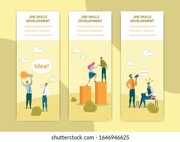 Conjunto de plantillas de banners Web de desarrollo de habilidades laborales. Concepto de Progreso Profesional, Posters de Mejora de Competencia. Ilustraciones de vectores de lluvia de ideas, tutoría y entrenamiento empresarial con espacio de texto