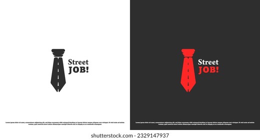 Job street logo design illustration. Flat silhouette of asphalt road combination and modern simple minimalist creative tie. Business symbol icon looking for a job corporate employee profession.