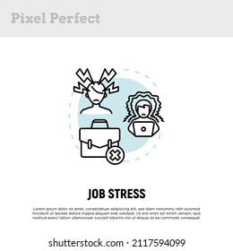 Job stress, burnout concept with thin line icons, working fatigue, overworked man. Professional crisis, low activity, deadline, annoyance. Vector illustration.