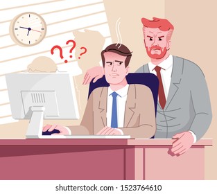Job stress flat vector illustration. Boss standing near employee table cartoon characters.