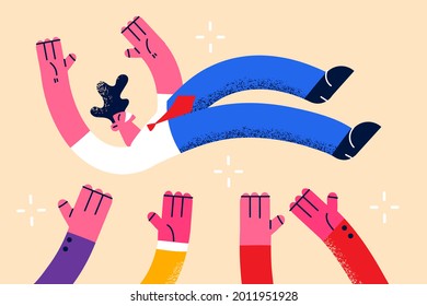 Job success, winning prize, goal achievement celebration concept. Company colleagues hands throwing their happy boss into air celebrating team success and business project vector illustration