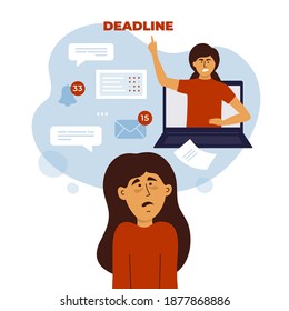 Job task stress, work anxiety, home office difficulties. Tired, scared and confused woman looks to angry boss showing deadline from laptop. Alarm, email notice, online video call. Vector illustration