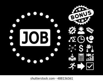 Job Text icon with bonus icon set. Vector illustration style is flat iconic symbols, white color, black background.