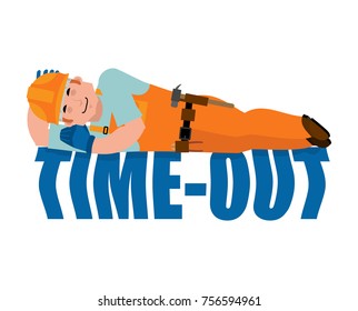 Job Time Out. Builder Sleeping Isolated. Break In Working Time. Worker In Protective Helmet Asleep. Vector Illustration.
