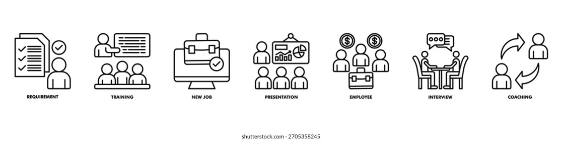 Esquema de colección de conjunto de iconos de capacitación y preparación de trabajos. El conjunto de iconos consiste en requisito, capacitación, nuevo trabajo, presentación, empleado, entrevista, entrenamiento.