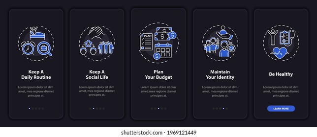 Job transition advices onboarding mobile app page screen with concepts. Way to success walkthrough 5 steps graphic instructions. UI, UX, GUI vector template with linear night mode illustrations