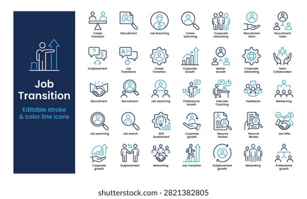 Job transition icon set including career growth, recruitment, outplacement, corporate networking, interview coaching, resume review, skill assessment, editable stroke icons