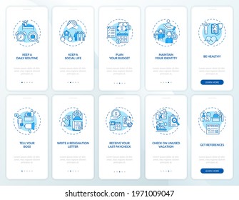 Job transition onboarding mobile app page screen set with concepts. Work change tips walkthrough 5 steps graphic instructions. UI, UX, GUI vector template with linear day mode illustrations