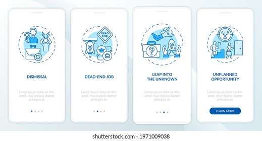 Job transition reasons onboarding mobile app page screen with concepts. Resignation causes walkthrough 4 steps graphic instructions. UI, UX, GUI vector template with linear day mode illustrations