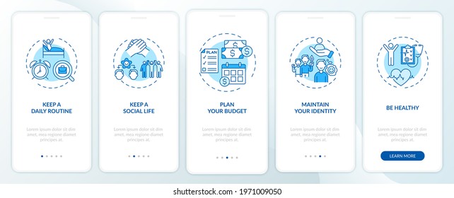Job transition tips onboarding mobile app page screen with concepts. Future organize advice walkthrough 5 steps graphic instructions. UI, UX, GUI vector template with linear day mode illustrations