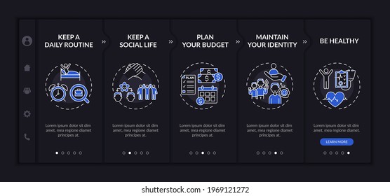Job transition tips onboarding vector template dark theme. Responsive mobile website with icons. Web page walkthrough 5 step screens. How be successful night mode concept with linear illustrations