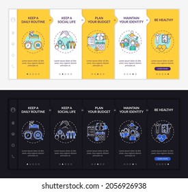 Job transition tips onboarding vector template. Responsive mobile website with icons. Web page walkthrough 5 step screens. Life organize advices color concept with linear illustrations