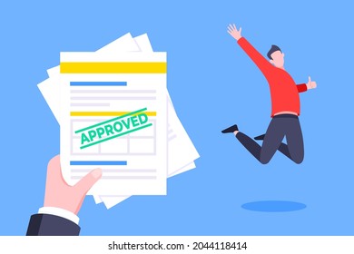 Job or university acceptance approve letter with paper sheets document. Employment offer, college acceptance success or business email form flat style design vector illustration.