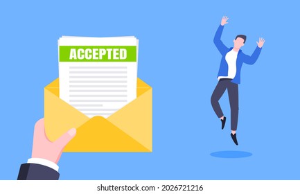 Job Or University Acceptance Letter With Envelope And Paper Sheets Document Email. Employment Offer, College Acceptance Success Or Business Email Form Flat Style Design Vector Illustration.