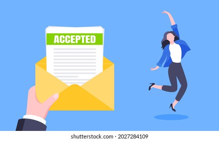 Job or university acceptance letter with envelope and paper sheets document email. Employment offer, college acceptance success or business email form flat style design vector illustration.