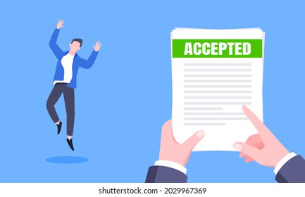 Job or university acceptance letter with envelope and paper sheets document email. Employment offer, college acceptance success or business email form flat style design vector illustration.