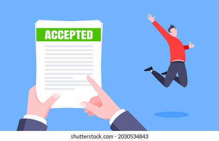 Job or university acceptance letter with envelope and paper sheets document email. Employment offer, college acceptance success or business email form flat style design vector illustration.