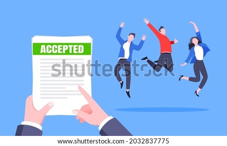 Job or university acceptance letter with envelope and paper sheets document email. Employment offer, college acceptance success or business email form flat style design vector illustration.