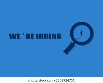 Job vacancy advertisement. Businessman walking in magnifying glass